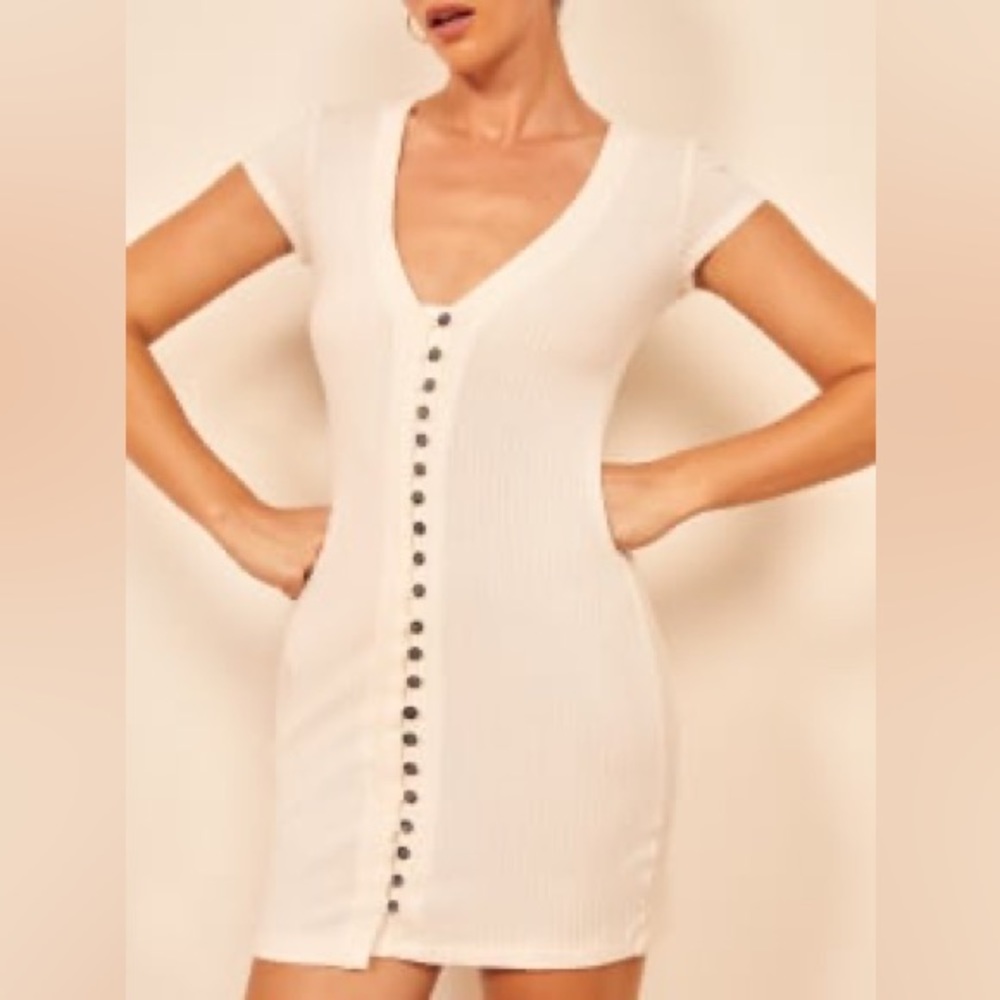 Reformation Cream Ribbed Button-Front Mini Dress